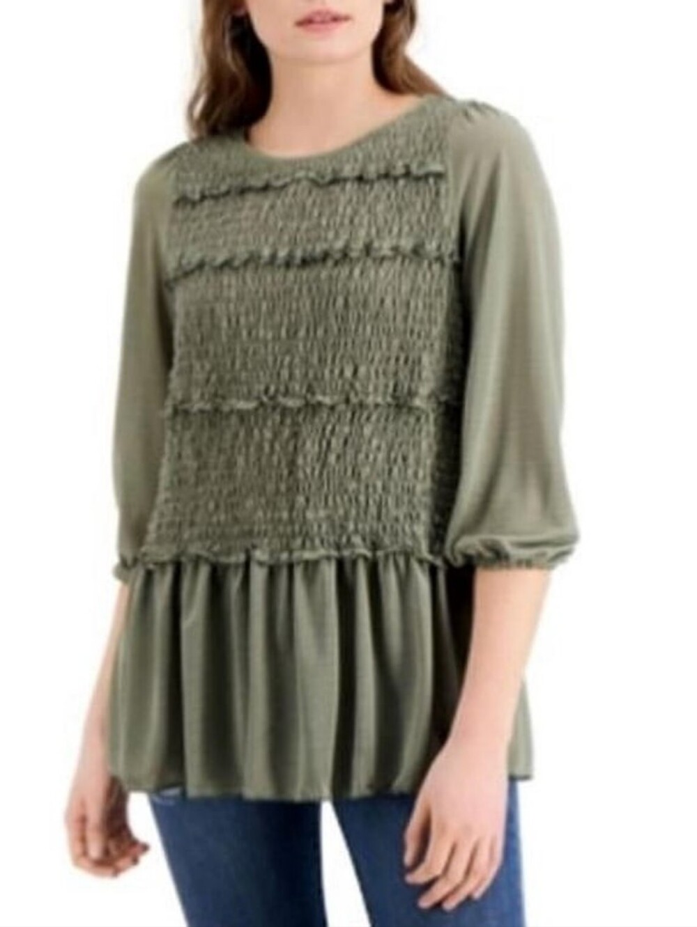 Fever Olive Green Smocked Ruffle 3/4 Sleeve Peplum Blouse Size Large